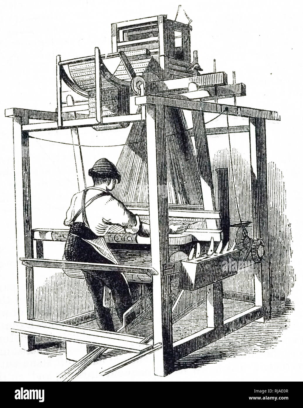 An engraving depicting a Scotch carpet loom - unpowered. The jacquard punched cards can be seen above the weaver's head. Dated 19th century Stock Photo