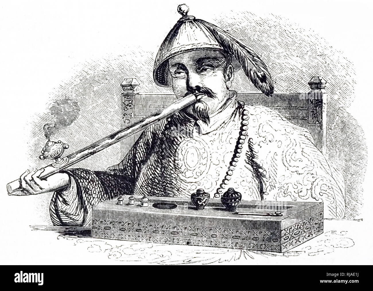 Illustration depicting a Chinese man smoking opium 1852. Imports of opium into China stood at 200 chests annually in 1729, when the first anti-opium edict was promulgated. By the time Chinese authorities reissued the prohibition in starker terms in 1799, the figure had leaped; 4,500 chests were imported in the year 1800. The decade of the 1830s witnessed a rapid rise in the opium trade, and by 1838, just before the First Opium War, it had climbed to 40,000 chests. The rise continued on after the Treaty of Nanking (1842) that concluded the war Stock Photo