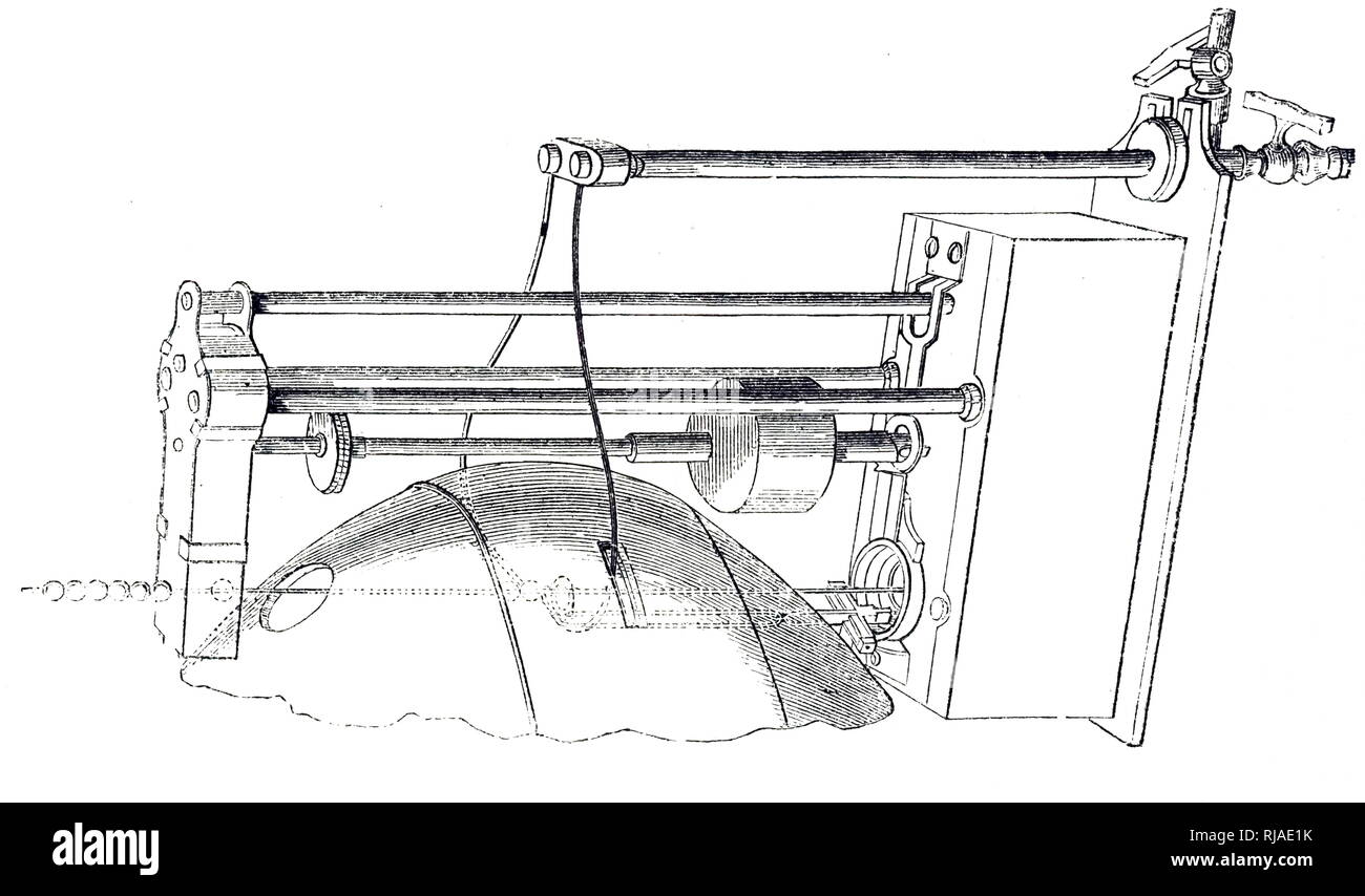 1851, Illustration depicting the mechanism of the Drummond Light.  Limelight (also known as Drummond light or calcium light), was a type of stage lighting once used in theatres and music halls. An intense illumination is created when an oxyhydrogen flame is directed at a cylinder of quicklime (calcium oxide) Stock Photo