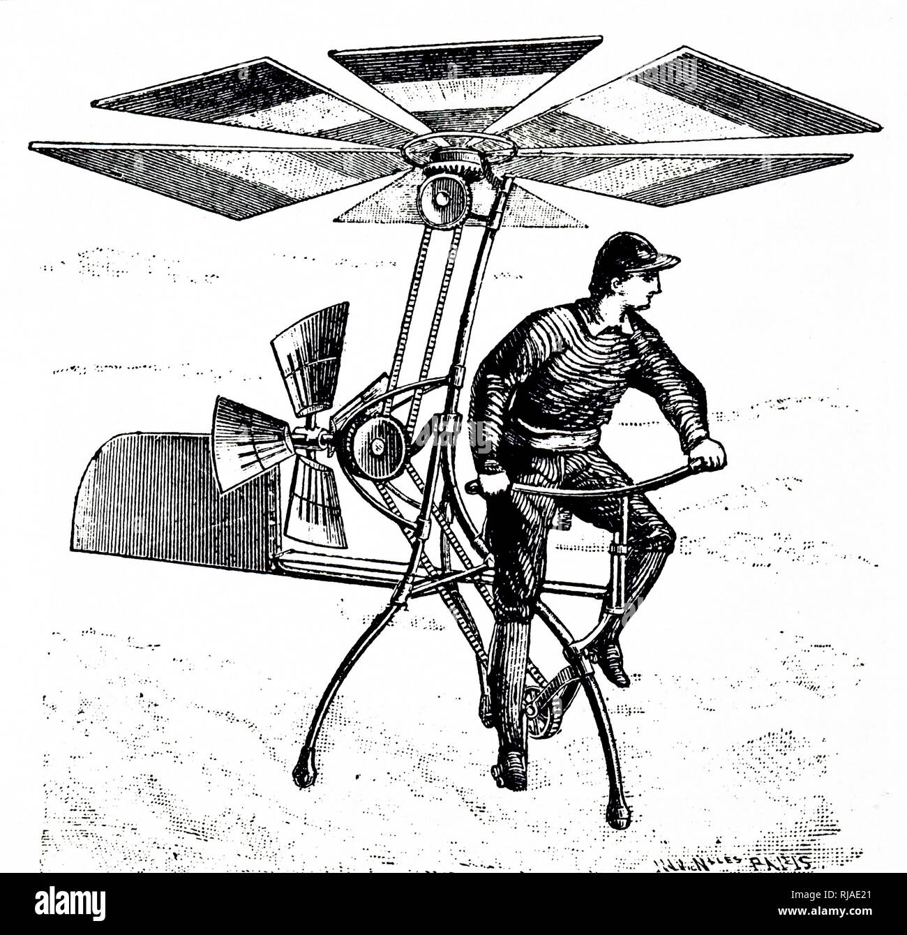 Illustration depicting Delprad´s Luftvelociped“ Holzstich (Flying machine) 1895 Stock Photo