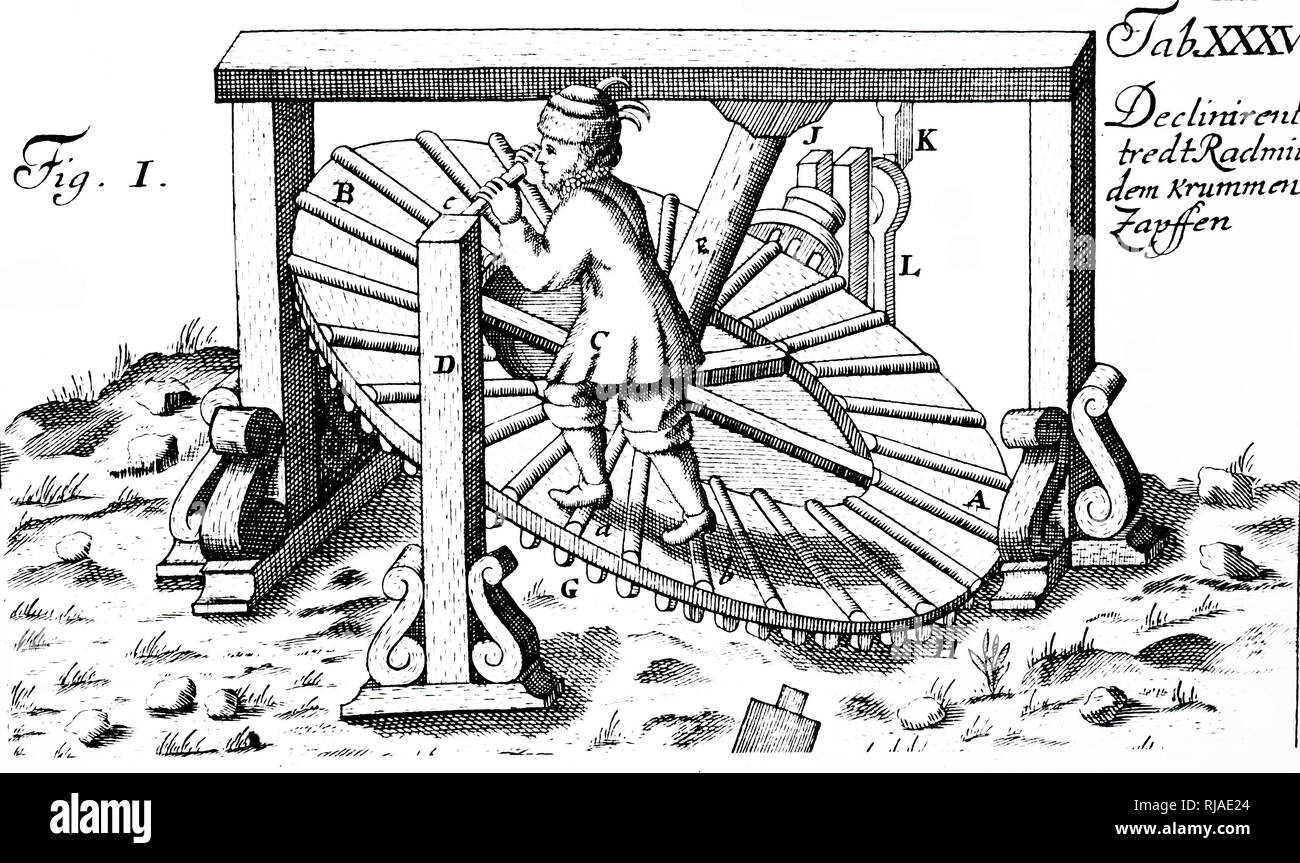 Illustration depicting a medieval inclined treadmill. From Theatrum Machinarum; Leipzig. 1790 Stock Photo