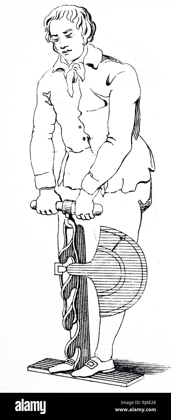Illustration depicting the Régnier dynamometer, invented and built by Edmé Régnier (1751 – 1825), was brought to prominence in the world of physical culture in the early 20th century by Professor Edmond Desbonnet. It is easy to forget the life of the dynamometer before Desbonnet reintroduced it to strongman society. A dynamometer or 'dyno' for short, is a device for measuring force, torque, or power. For example, the power produced by an engine, motor or other rotating prime movers can be calculated by simultaneously measuring torque and rotational speed (RPM). Stock Photo
