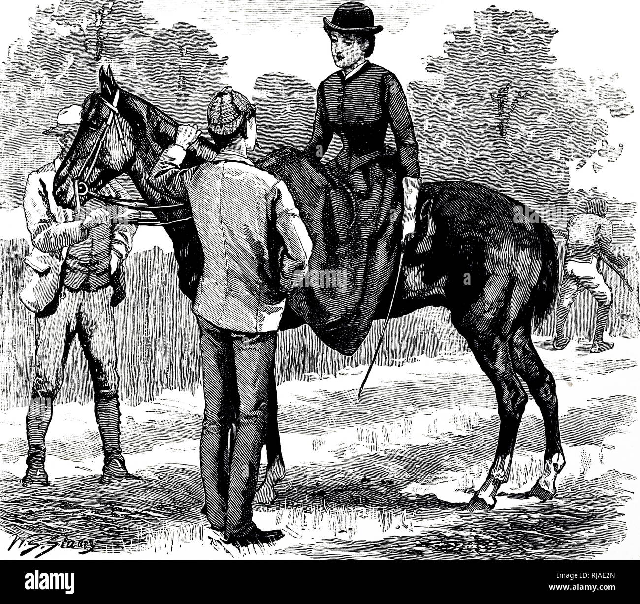 Illustration depicting 19th century, woman riding side-saddle on a horse 1885 Stock Photo