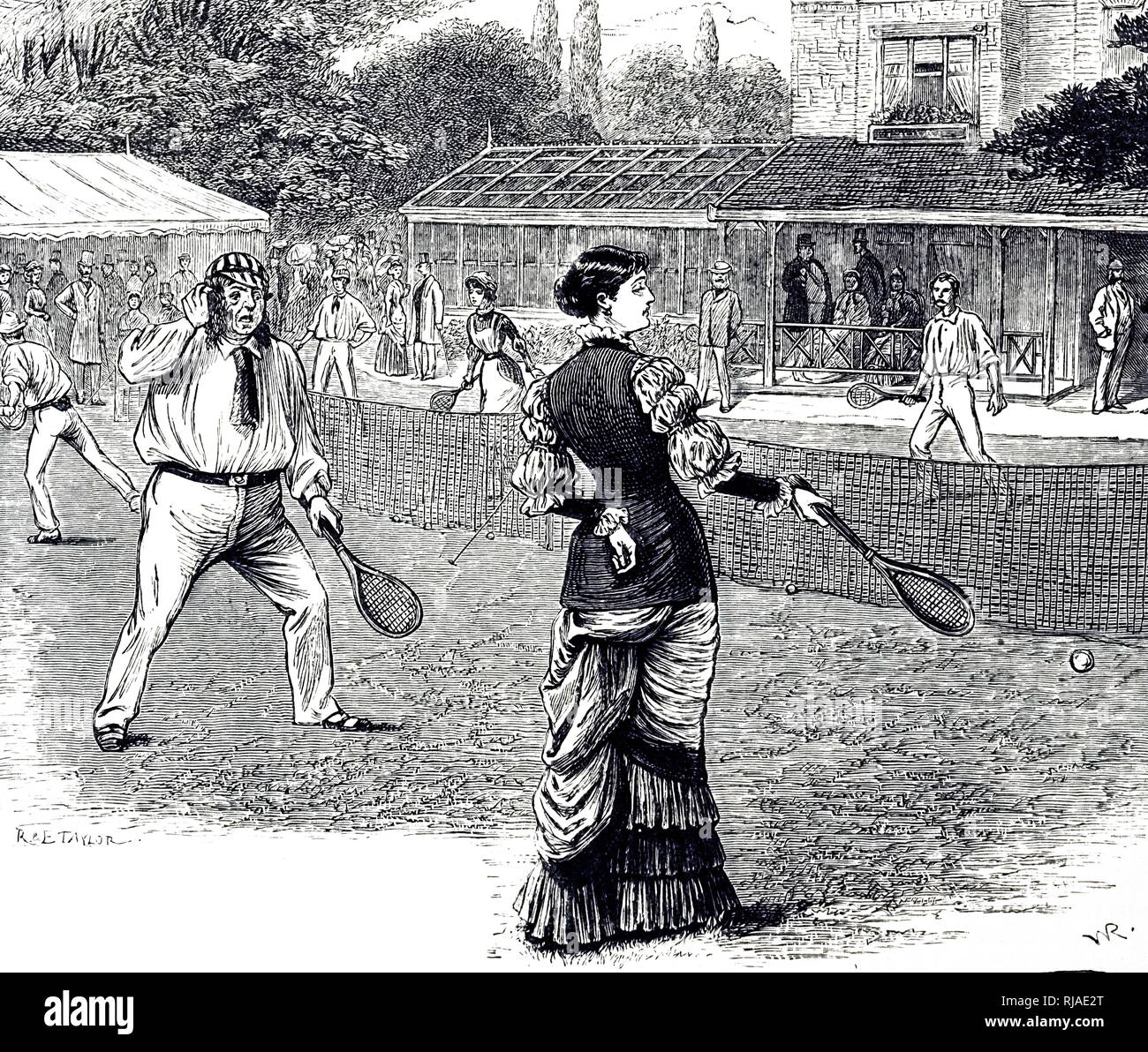 Illustration depicting 19th century, mixed doubles Lawn Tennis Stock