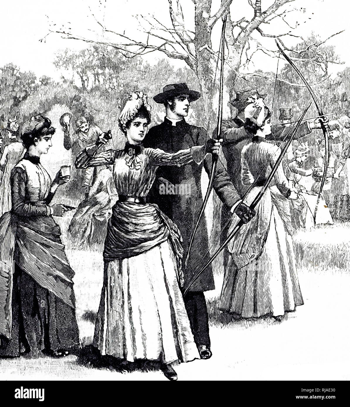 Illustration depicting a 19th-century archery contest, with women taking part Stock Photo