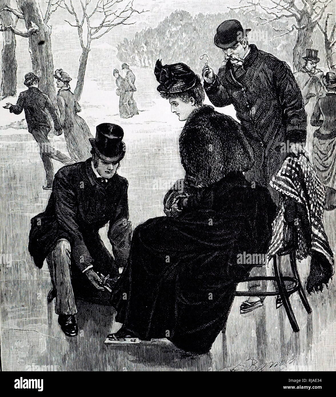 Illustration depicting the 19th century, lady having her ice-skates fitted Stock Photo