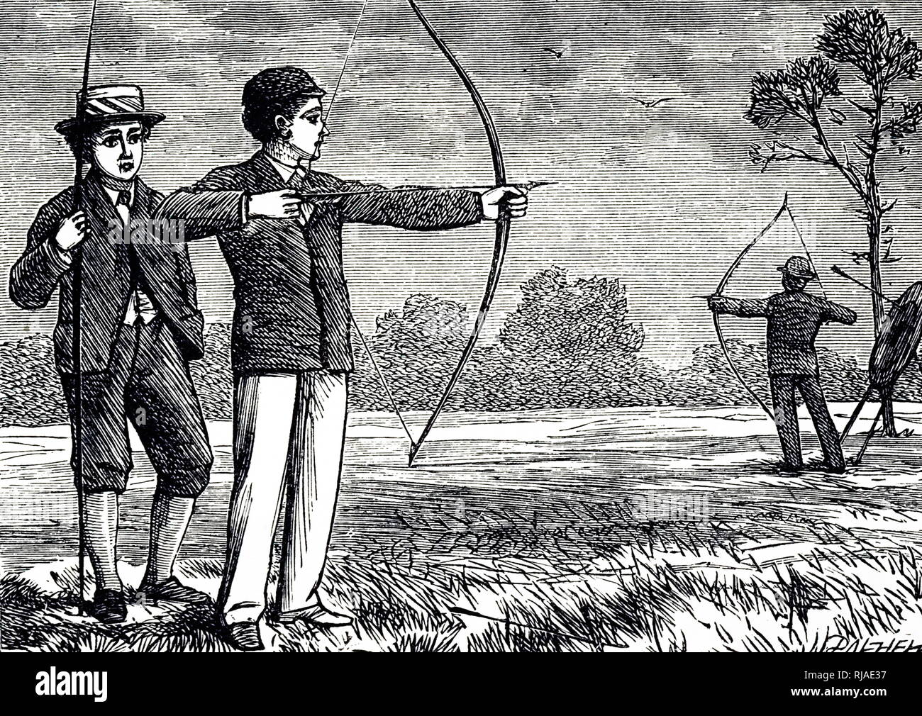 Illustration depicting a 19th-century archery contest, with schoolboys taking part Stock Photo