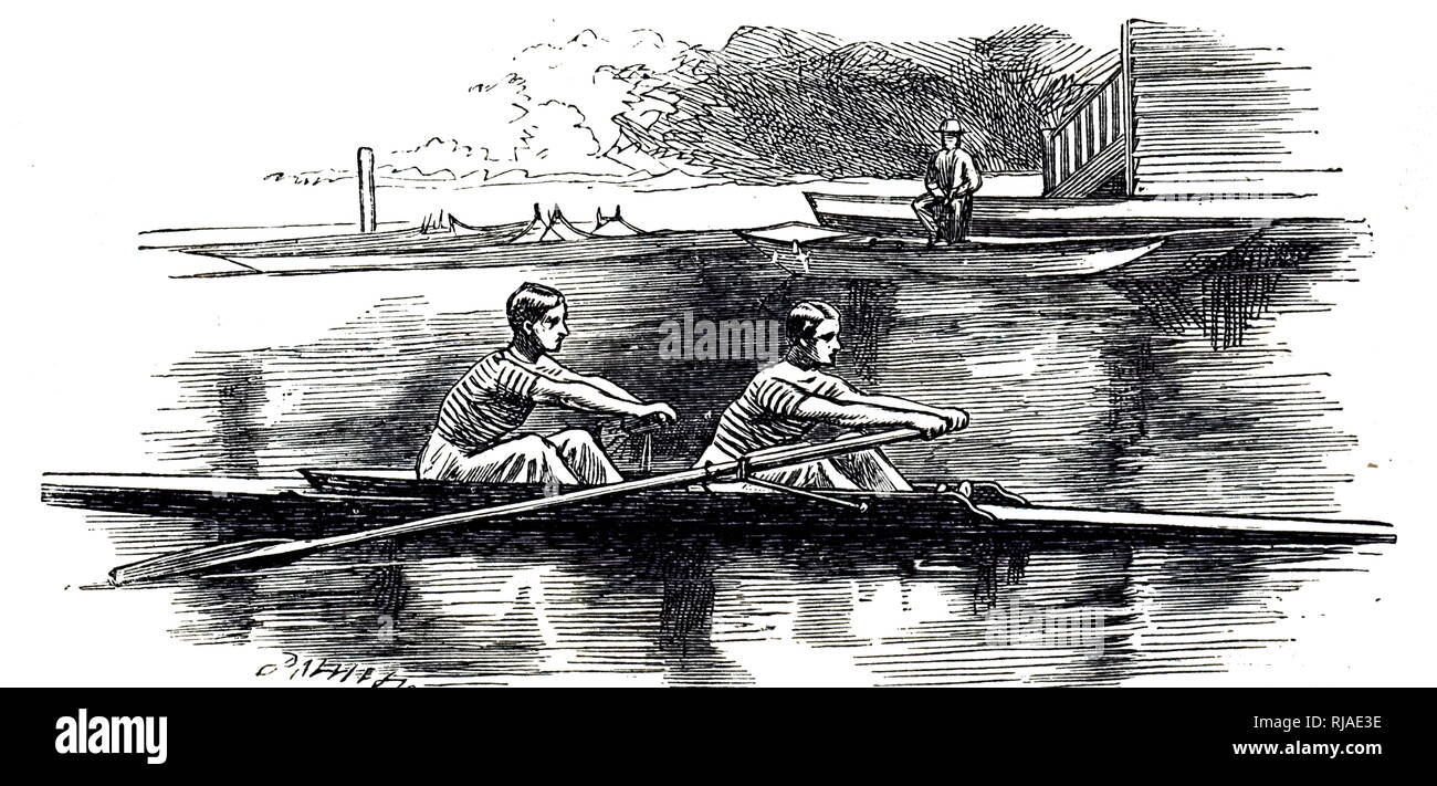 Illustration showing students in practice for the Boat Race, 1895. The Boat Race is an annual rowing race between the Oxford University Boat Club and the Cambridge University Boat Club, rowed between men's and women's open-weight eights on the River Thames in London, England. It is also known as the University Boat Race and the Oxford and Cambridge Boat Race. The men's race was first held in 1829 and has been held annually since 1856, except during the First and Second World Wars. Stock Photo