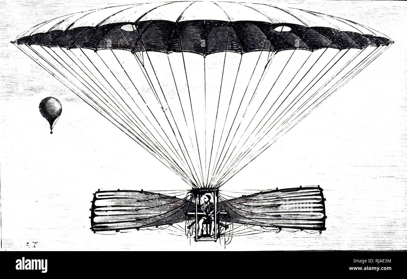 Illustration showing Letur's flying machine, in which he died 1854