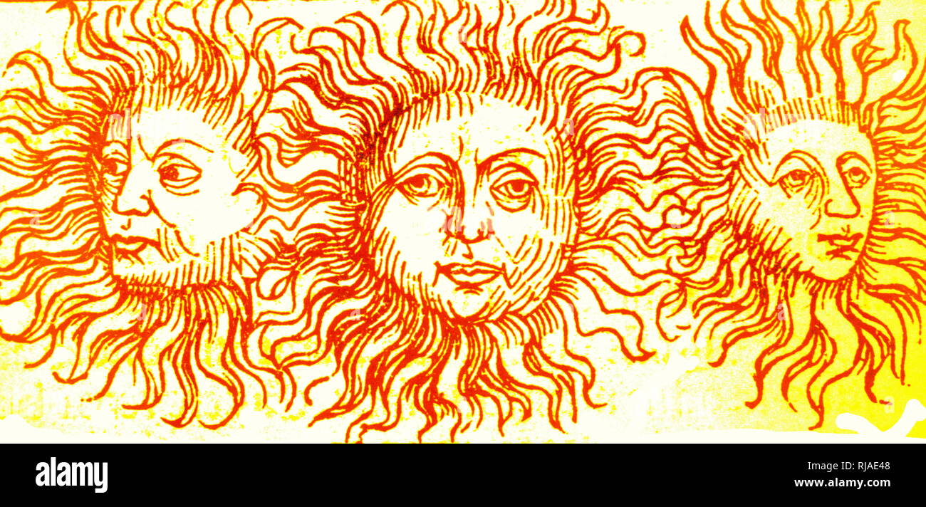 Illustration showing Sun dog phenomenon depicted in the Nuremberg Chronicle. 1493. This version was associated with the death of Julius Caesar in 44 BC. A sun dog (or sundog) or mock sun, formally called a parhelion, (plural Parhelia) in meteorology, is an atmospheric optical phenomenon that consists of a bright spot to the left or right of the Sun. Aristotle notes that 'two mock suns rose with the sun and followed it all through the day until sunset.' Stock Photo