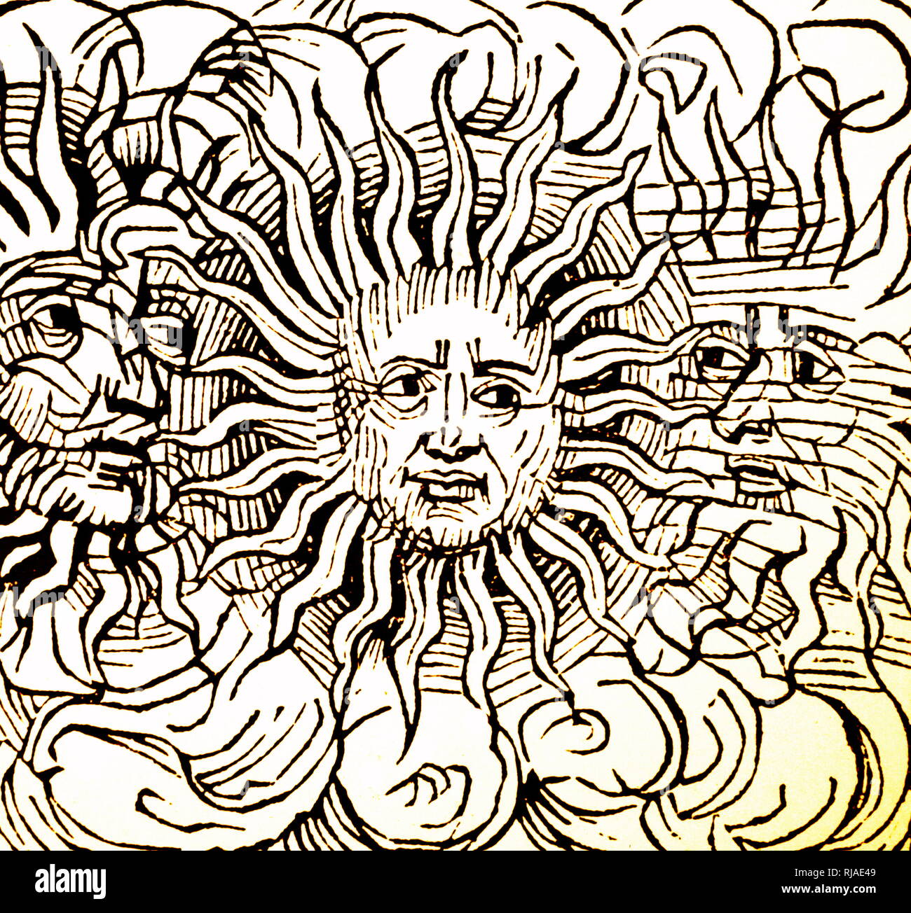 Illustration showing Sun dog phenomenon depicted in the Nuremberg Chronicle. 1493. This version was associated with the death of Julius Caesar in 44 BC. A sun dog (or sundog) or mock sun, formally called a parhelion, (plural Parhelia) in meteorology, is an atmospheric optical phenomenon that consists of a bright spot to the left or right of the Sun. Aristotle notes that 'two mock suns rose with the sun and followed it all through the day until sunset.' Stock Photo