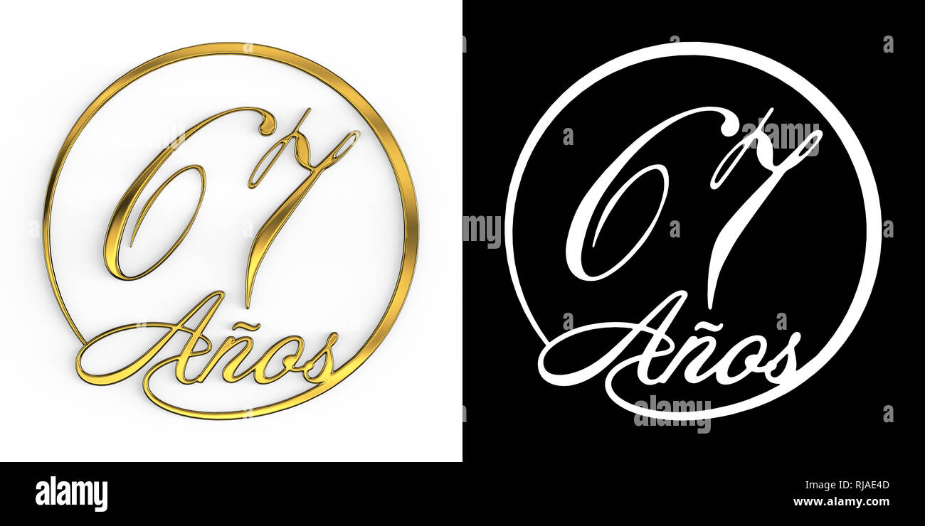 Spanish number sixtyseven years (number 67 years) in a circle, top