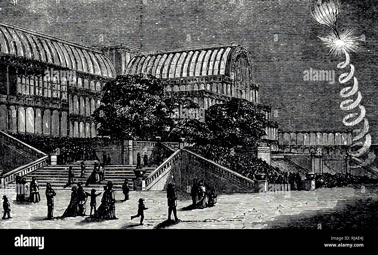 19th-century illustration showing magnesium rockets used to launch a ...