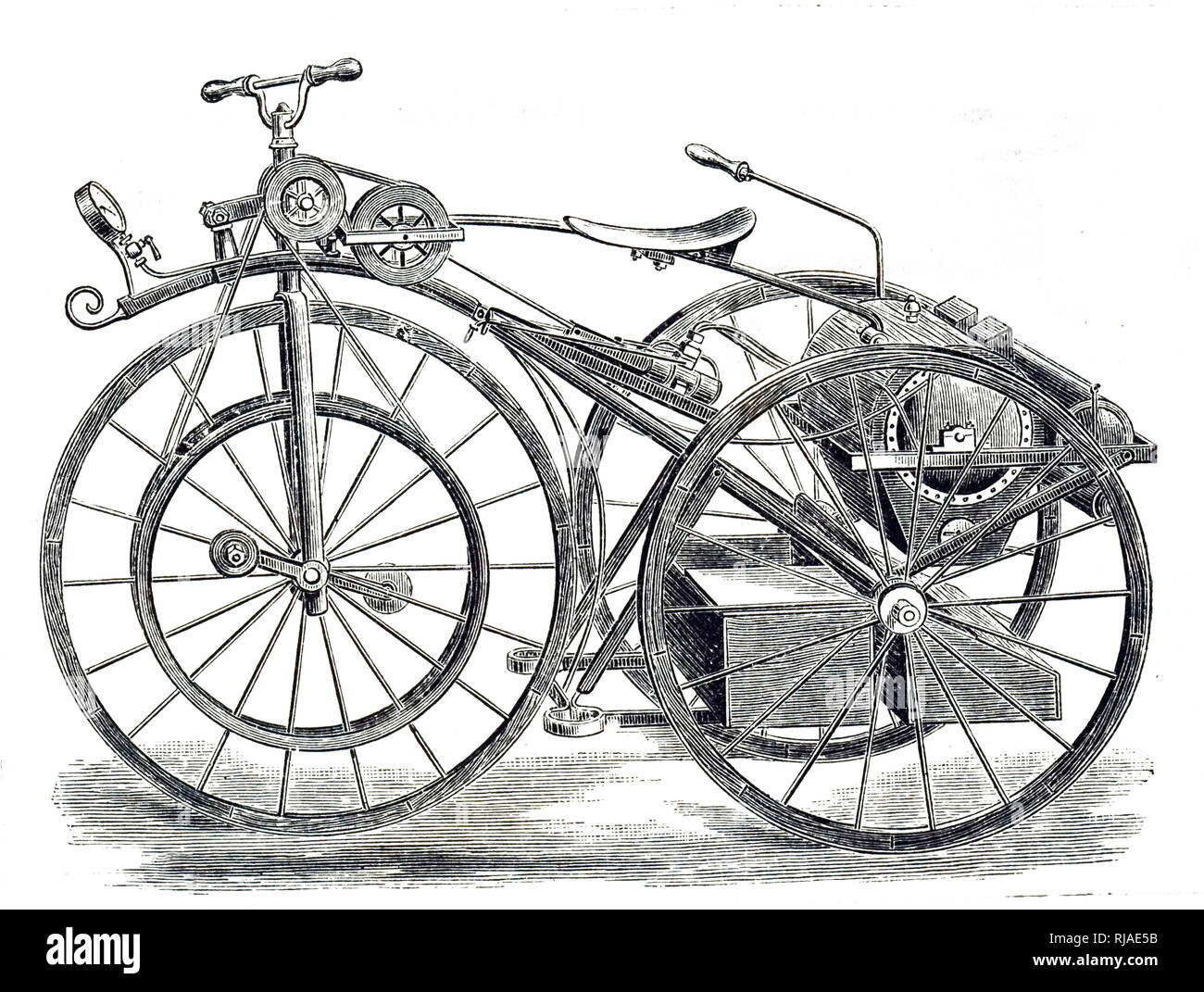 19th-century illustration showing Michaux-Perreaux's, steam velocipede; a steam-powered velocipede made in France sometime from 1867 to 1871, when a small Louis-Guillaume Perreaux commercial steam engine was attached to a Pierre Michaux manufactured iron framed pedal bicycle Stock Photo