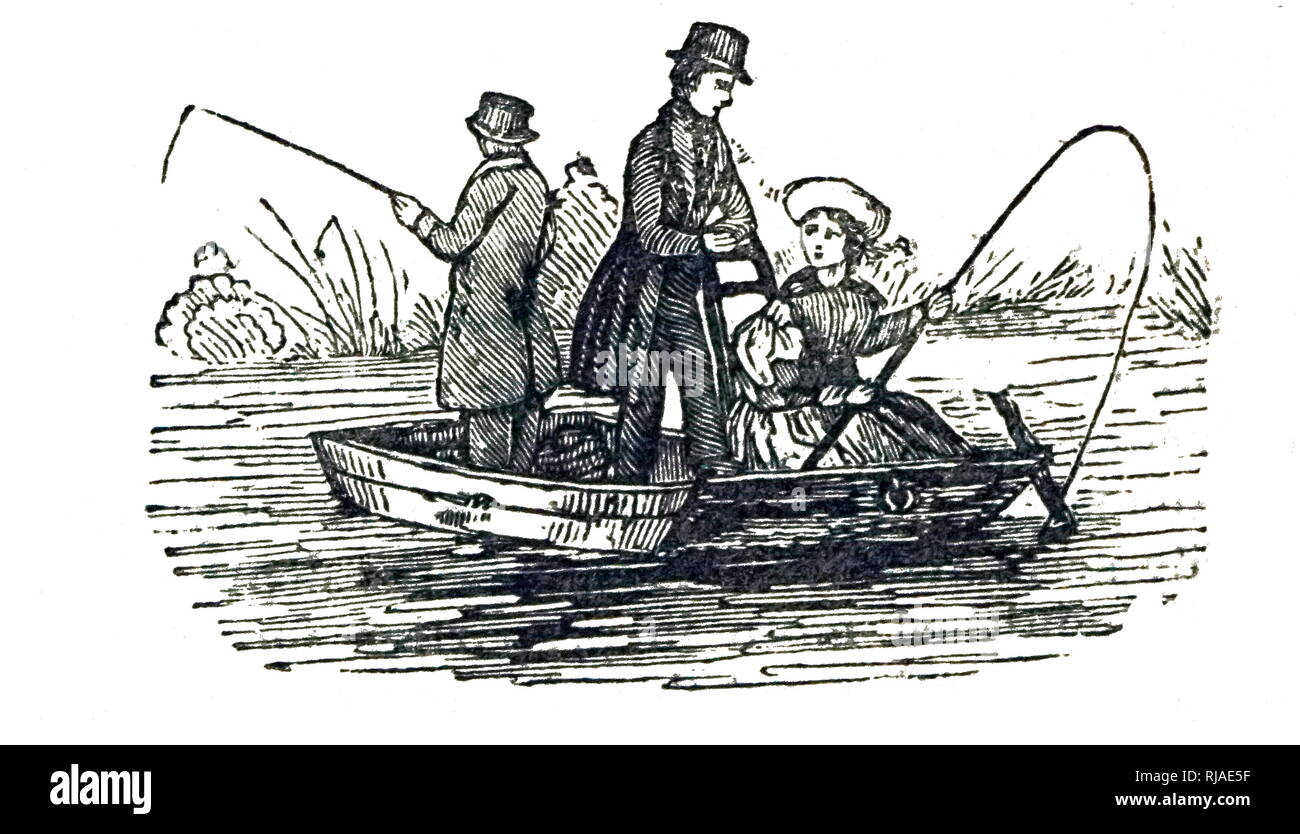 19th century illustration showing fishing from a punt boat in a river. 1844 Stock Photo