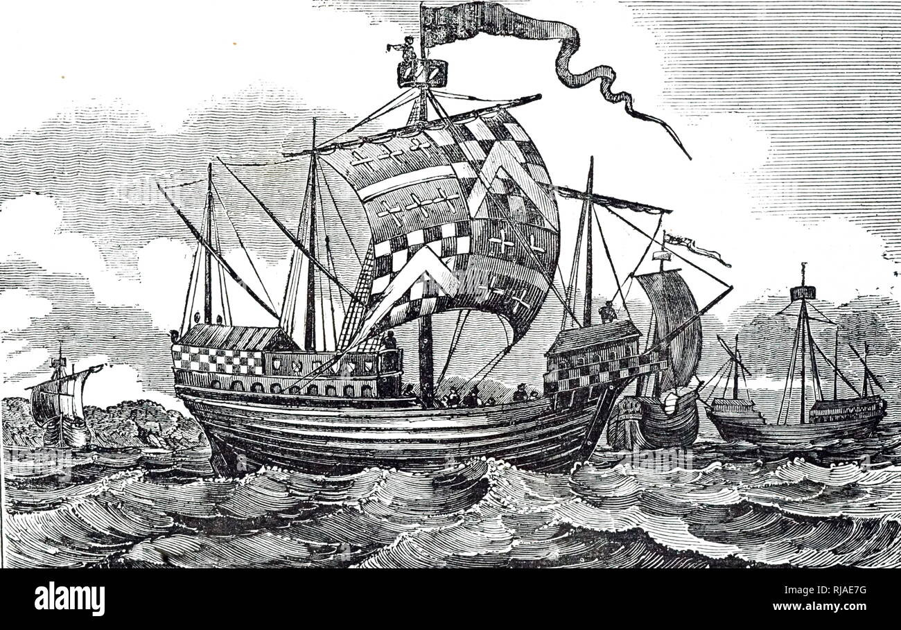 Illustration showing a fifteenth-century English warships. 1834 Stock Photo