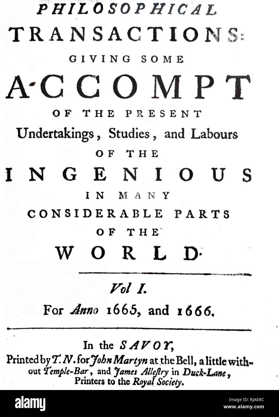 Title Page of 'Philosophical Transactions Volume I, published by the Royal Society in London 1666. the first issue of Philosophical Transactions, was the world's oldest scientific journal. Stock Photo
