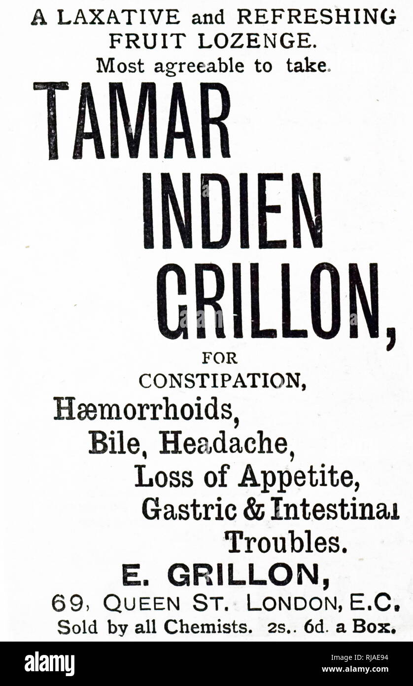 An advertisement for Tamar Indien Grillon a refreshing fruit lozenge to relieve constipation and other gastric and intestinal troubles. Dated 19th century Stock Photo