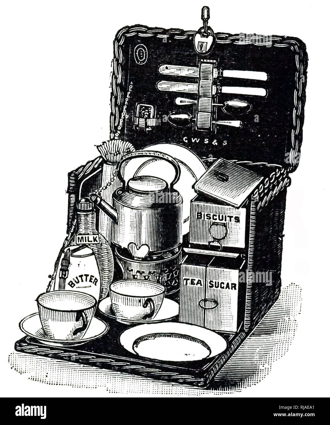 An engraving depicting a fitted picnic basket. Dated 20th century Stock