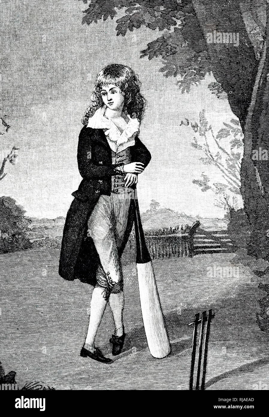 An engraving depicting a young cricketer. Dated 19th century Stock Photo