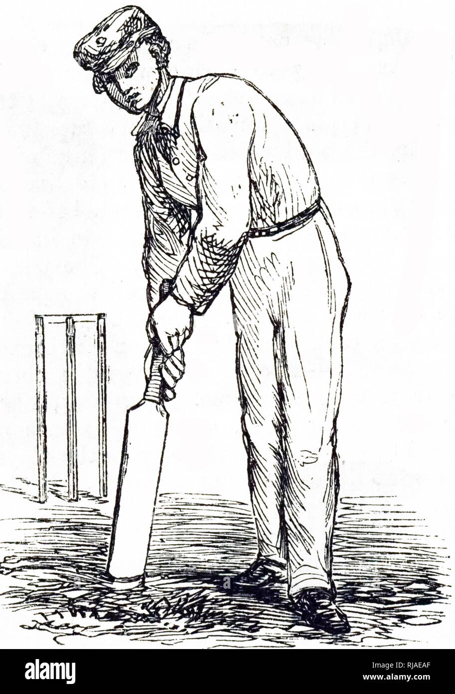 An engraving depicting a young cricketer. Dated 19th century Stock Photo