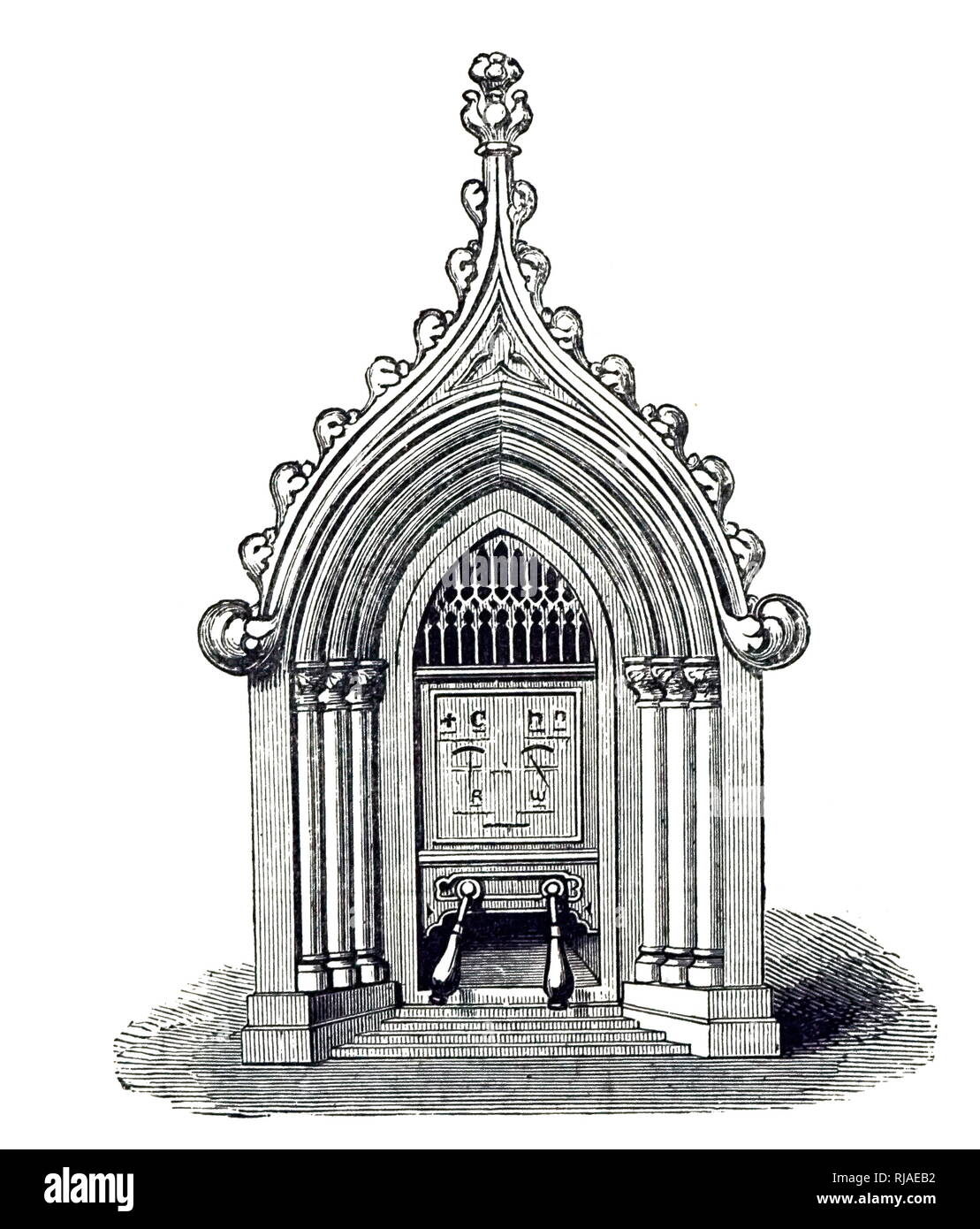 An engraving depicting a double-needle telegraph used in the House of Parliament. The letters of the alphabet and a variety of conventional signals indicated by single and combined movements of the galvanometer needles. The operator worked the instrument by manipulating the two handles at the bottom, and an alarm bell was housed on the casing and was used to signal the beginning of a message. Shown at the International Electric Exhibition at the Crystal Palace. Dated 19th century Stock Photo