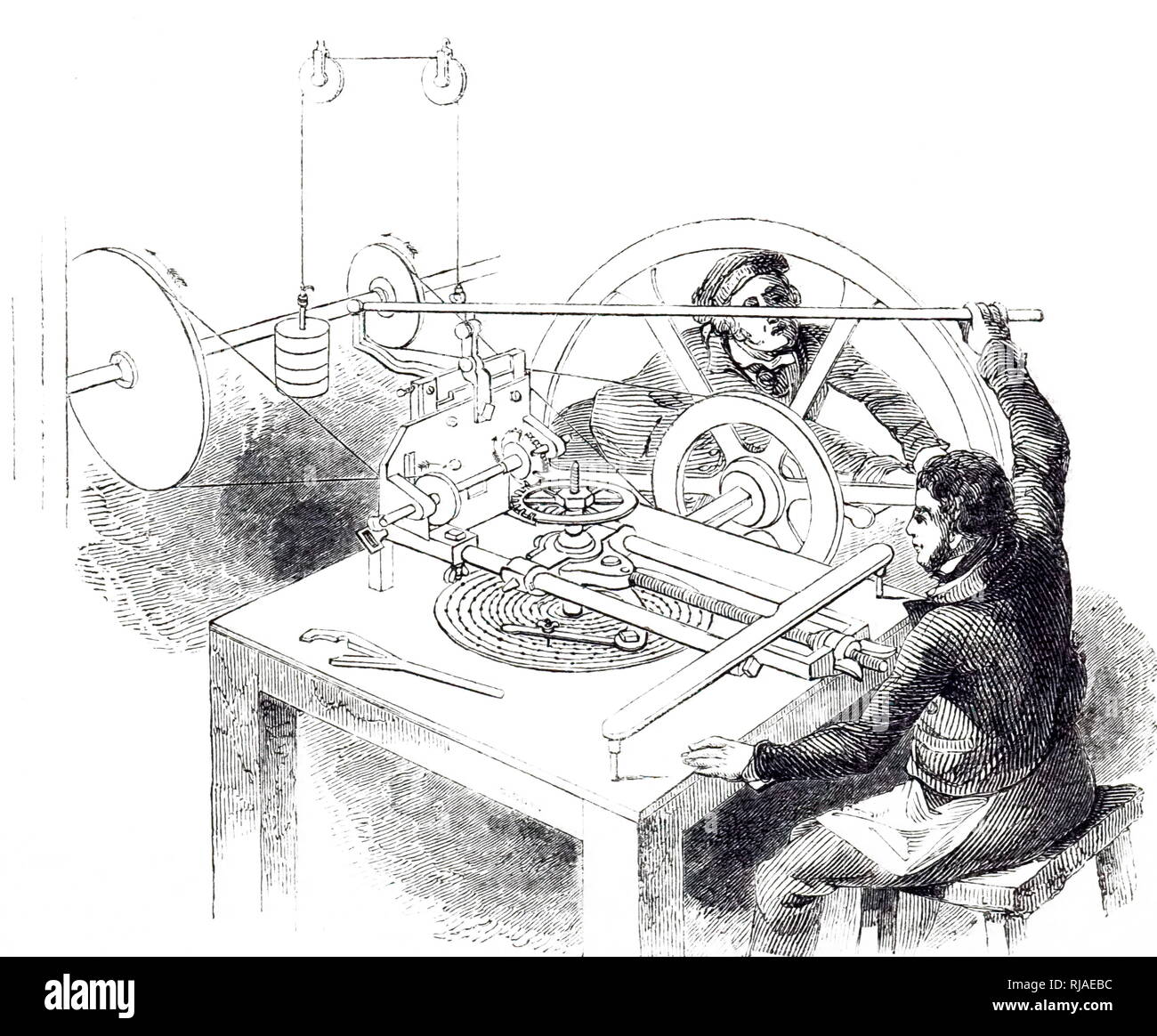 An engraving depicting an engine used for cutting teeth of clock wheels