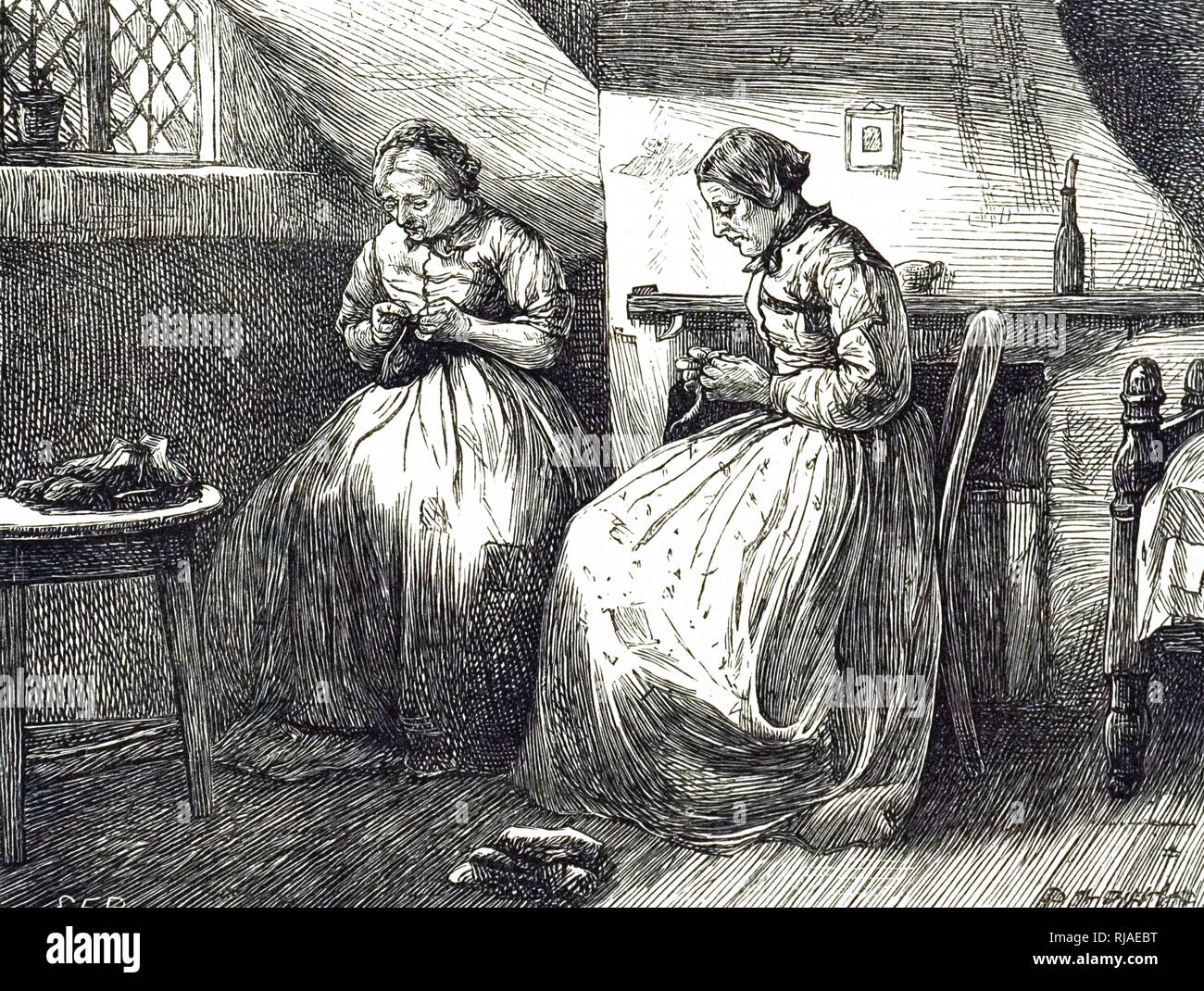 An engraving depicting two elderly women living in the East End of London making up the stockings and mittens they knitted and sold to make a few pence. Illustrated by Edward Frederick Brewtnall (1846-1902) an English genre, landscape and figure painter and illustrator. Dated 19th century Stock Photo