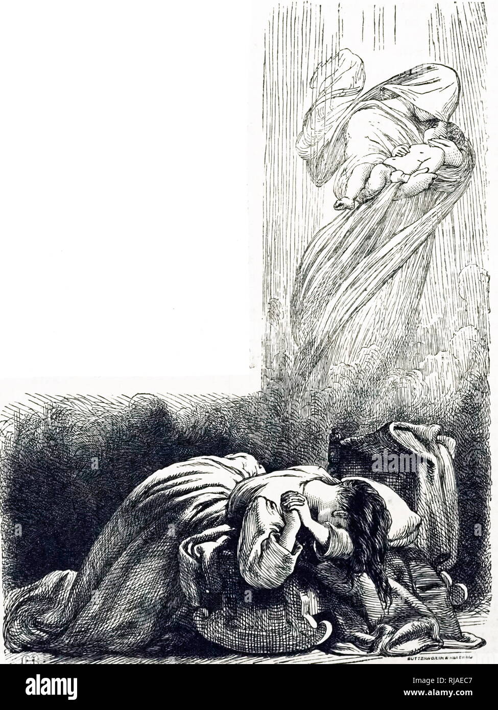 19th century English illustration of a weeping mother as she mourns the death of her baby. An angel of death carries the child away. 1886 Stock Photo