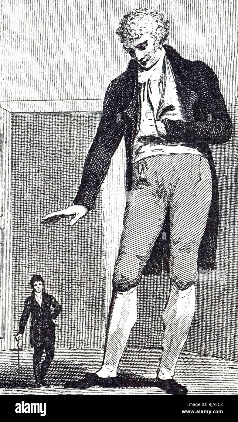 Illustration of Joseph Boruwalski and giant Patrick Cotter O'Brien 1805. Patrick O’Brien (1760-1806), born Patrick Cotter in Kinsale, Ireland in 1760, grew to the height of over eight foot and became known as the Irish Giant and the Bristol Giant. The dwarf Joseph Boruwalski (1739-1837) was born in Poland in 1739, adopted by a local official when he was nine and was later acquired by Countess Humiecka. When he was fifteen she took him to Vienna, and in 1760 to Paris where he started his career as a curiosity. He was presented to the future King George IV. Stock Photo