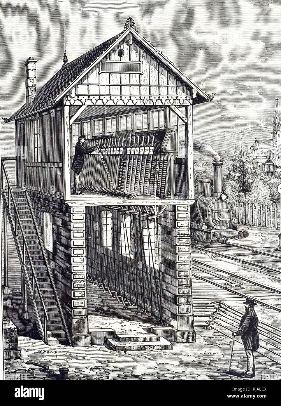 Illustration showing a sectional view of a nineteenth century, French railway signal box. 1883 Stock Photo