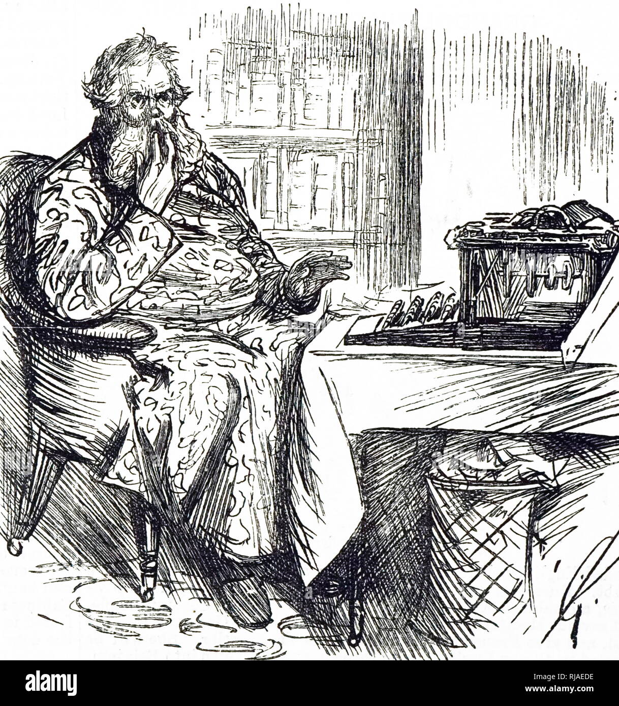 Cartoon by Charles Samuel Heene, (1823-1891), showing a man struggling with the 'new technology' of a typewriter. 1888 Stock Photo