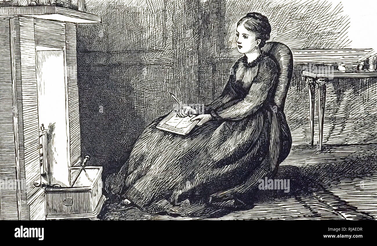 Illustration showing a young woman seated before a fire in her room in a Victorian Era Home. 1873 Stock Photo