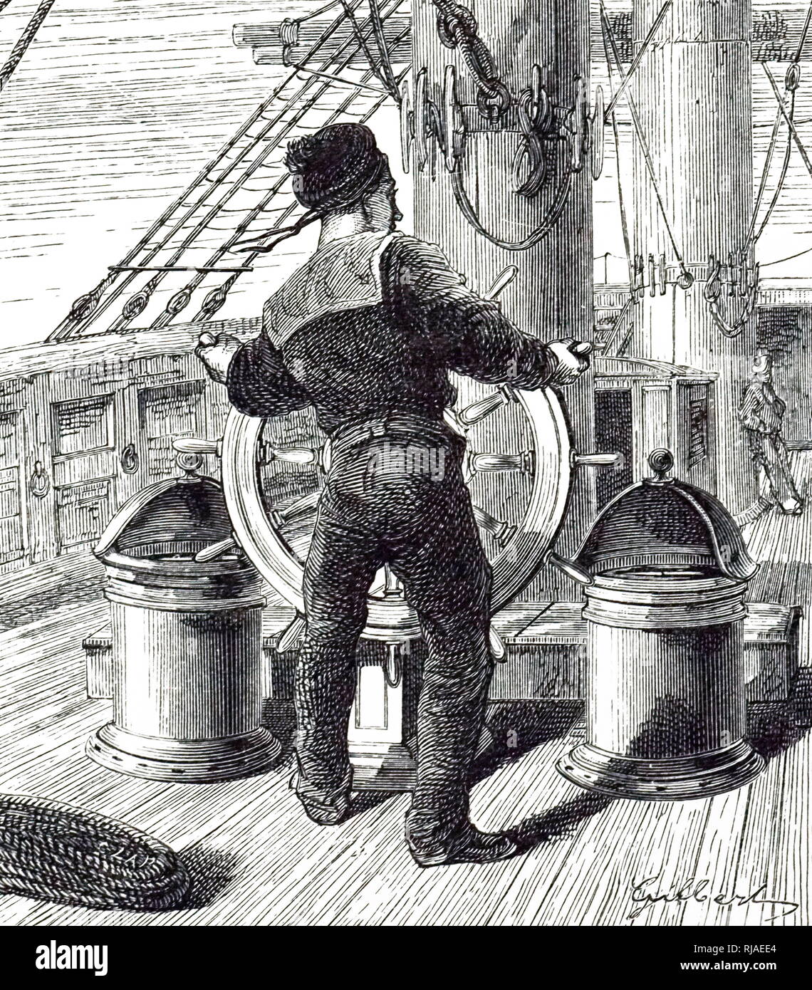 Drawing showing a Нhelmsman of a French man-of-war, keeping the ship on its' proper сcourse by referring to the compass mounted on a binnacle. 1874 Stock Photo