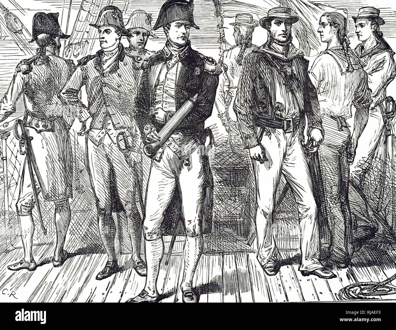 18th century Royal Navy captain and officers on board their ship. Illustration; 1890 Stock Photo