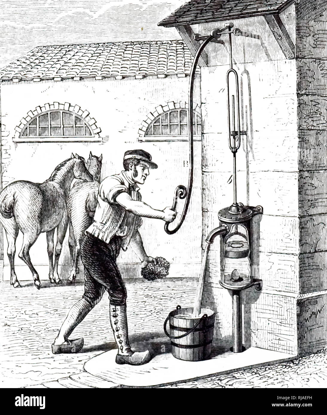 An engraving depicting a hand-operated suction pump, similar to the majority of village pumps in the latter half of the nineteenth century. Dated 19th century Stock Photo