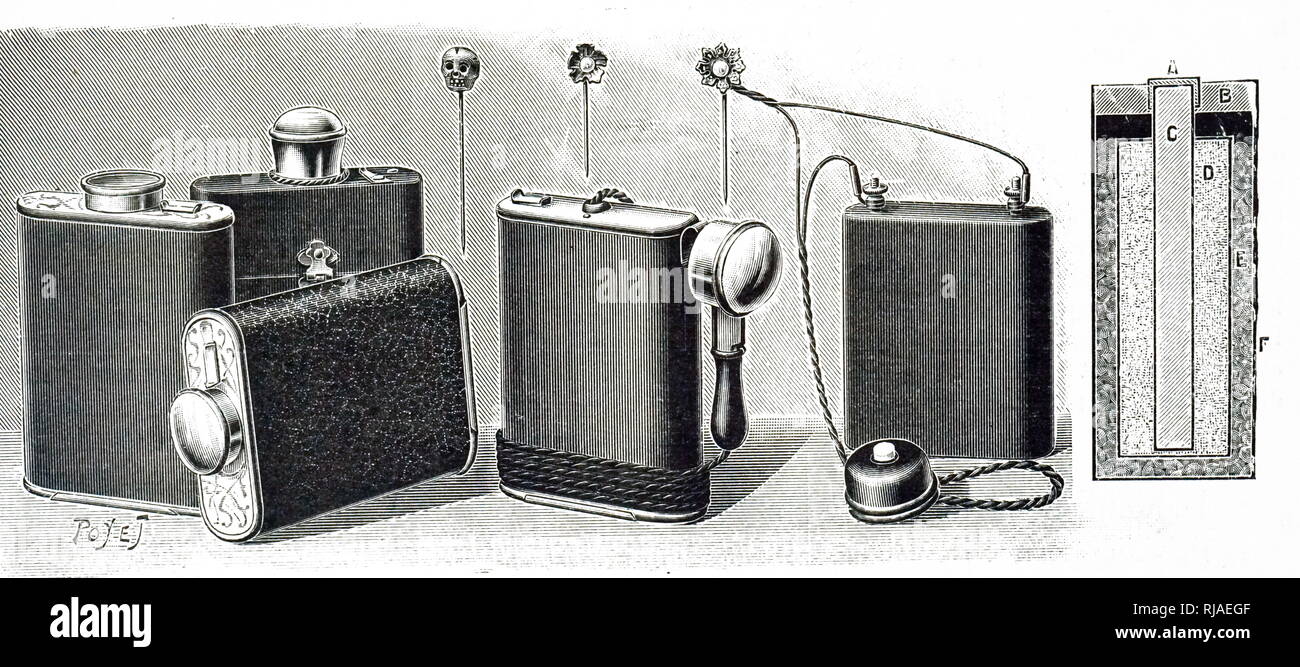 An engraving depicting various forms of pocket torches and electric jewellery by Henry & Lenud. These were small incandescent bulbs powered by dry cells. Dated 20th century Stock Photo