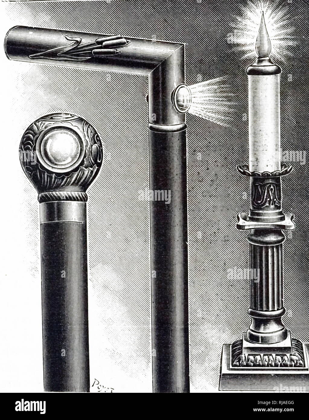 An engraving depicting various forms of the electric torch by Henry & Lenud. These were small incandescent bulbs powered by dry cells. Dated 20th century Stock Photo