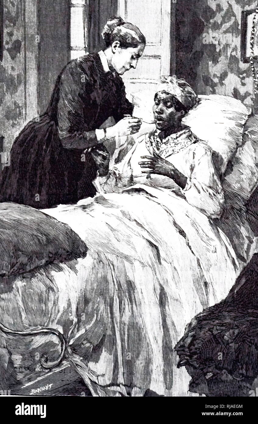 An engraving depicting the lady of the house giving her servant a spoon of medicine. Dated 19th century Stock Photo