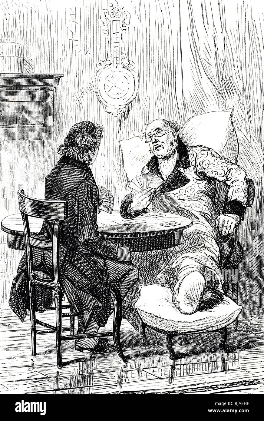 An engraving depicting a man suffering from gout. Dated 19th century Stock Photo