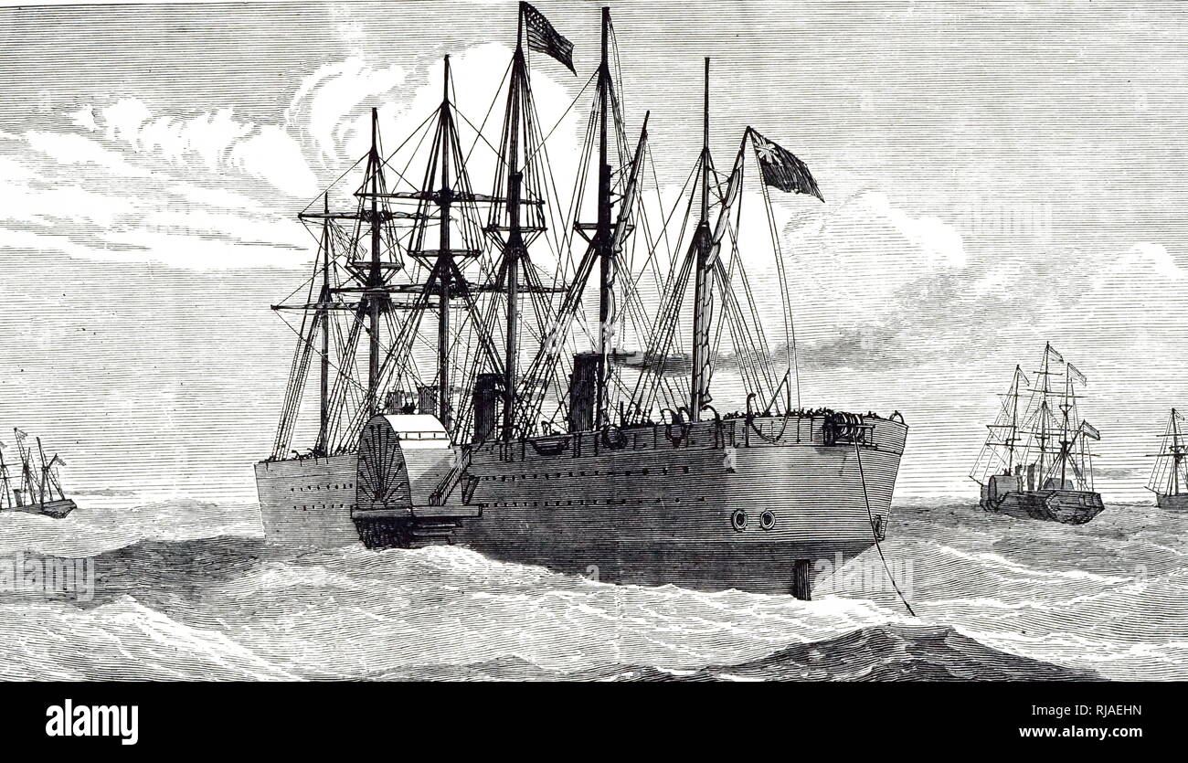 An engraving depicting The Great Eastern laying the Atlantic Telegraph. Dated 19th century Stock Photo
