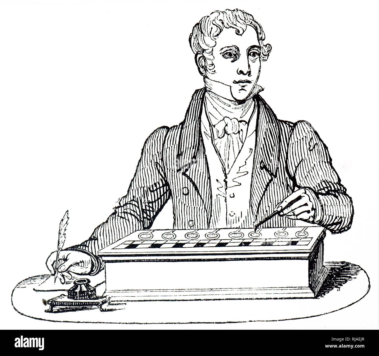 An engraving depicting a clerk using a Pascal adding machine, and writing down his results with a quill pen. Dated 19th century Stock Photo