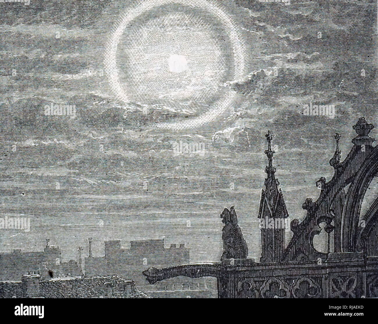 An engraving depicting a lunar halo observed over Paris. Dated 19th century Stock Photo