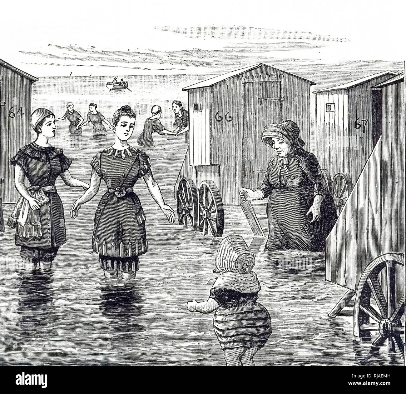 An engraving depicting women bathing in bathing in the sea. Illustrated