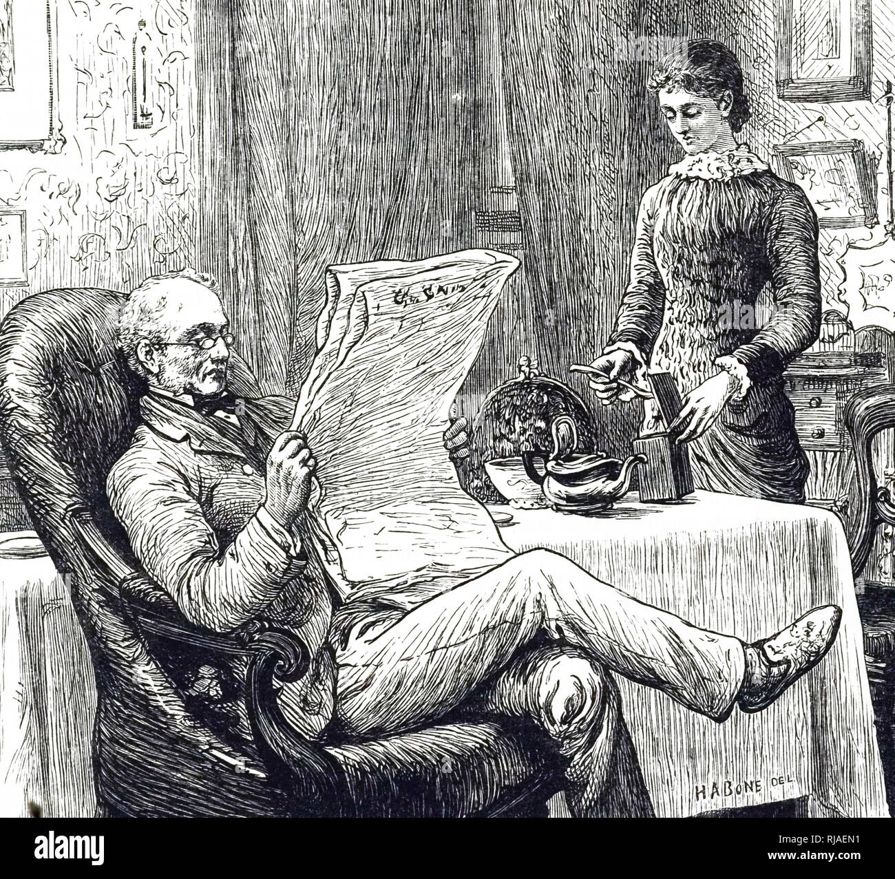An engraving depicting a young woman taking tea from a caddy while her father reads his newspaper. Dated 19th century Stock Photo