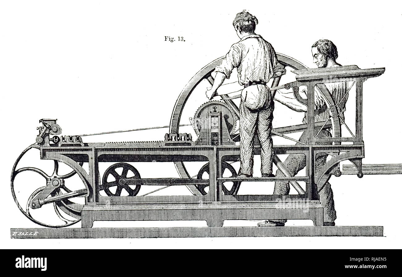 An engraving depicting a cylinder printing machine for books. Unlike the cylinder machines used for newspapers, this machine printed only one side of the paper at a time. Made by Marioni & Co., Paris. Dated 19th century Stock Photo