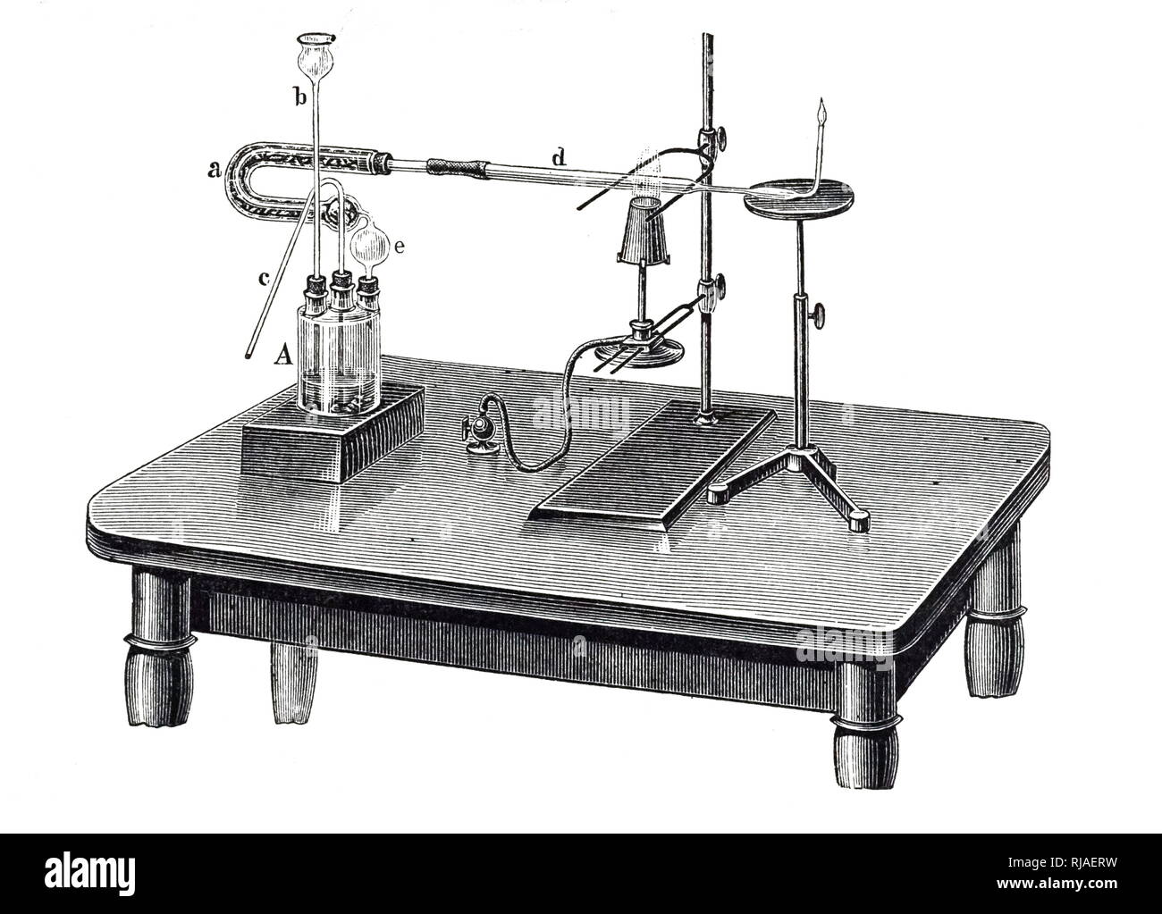 An engraving depicting Otto Rosenheim's apparatus for testing arsenic in the contents of the stomach by Marsh's reaction. Otto Rosenheim (1871-1955) a German Biochemist. Dated 19th century Stock Photo