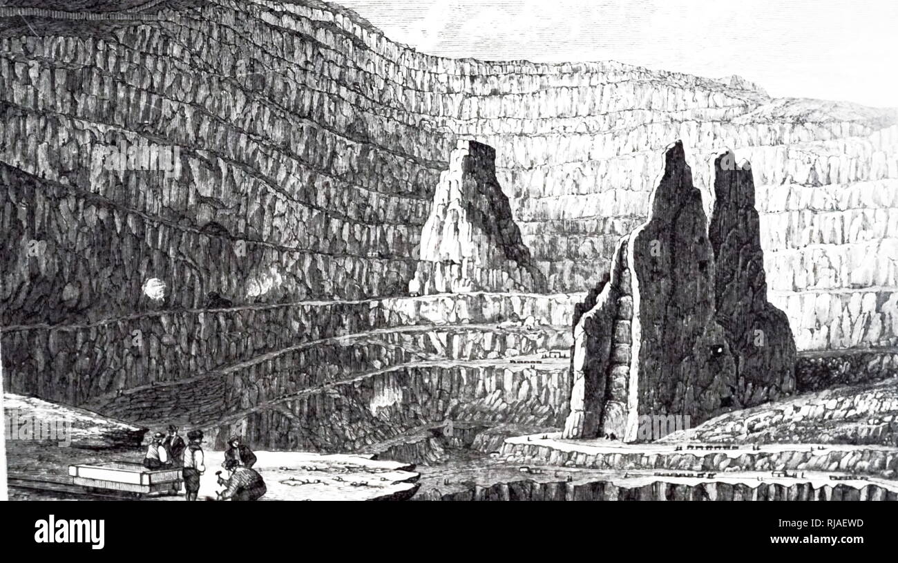 An engraving depicting the Penrhyn Slate Quarry, a slate quarry located