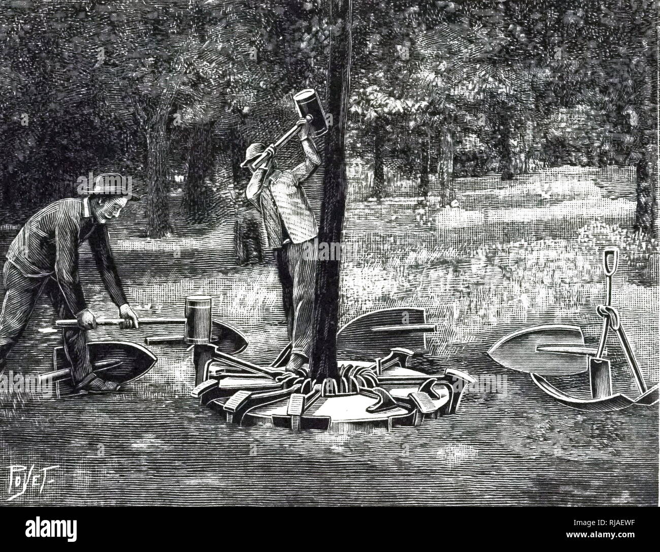 An engraving depicting a device for cutting the round roots of a tree