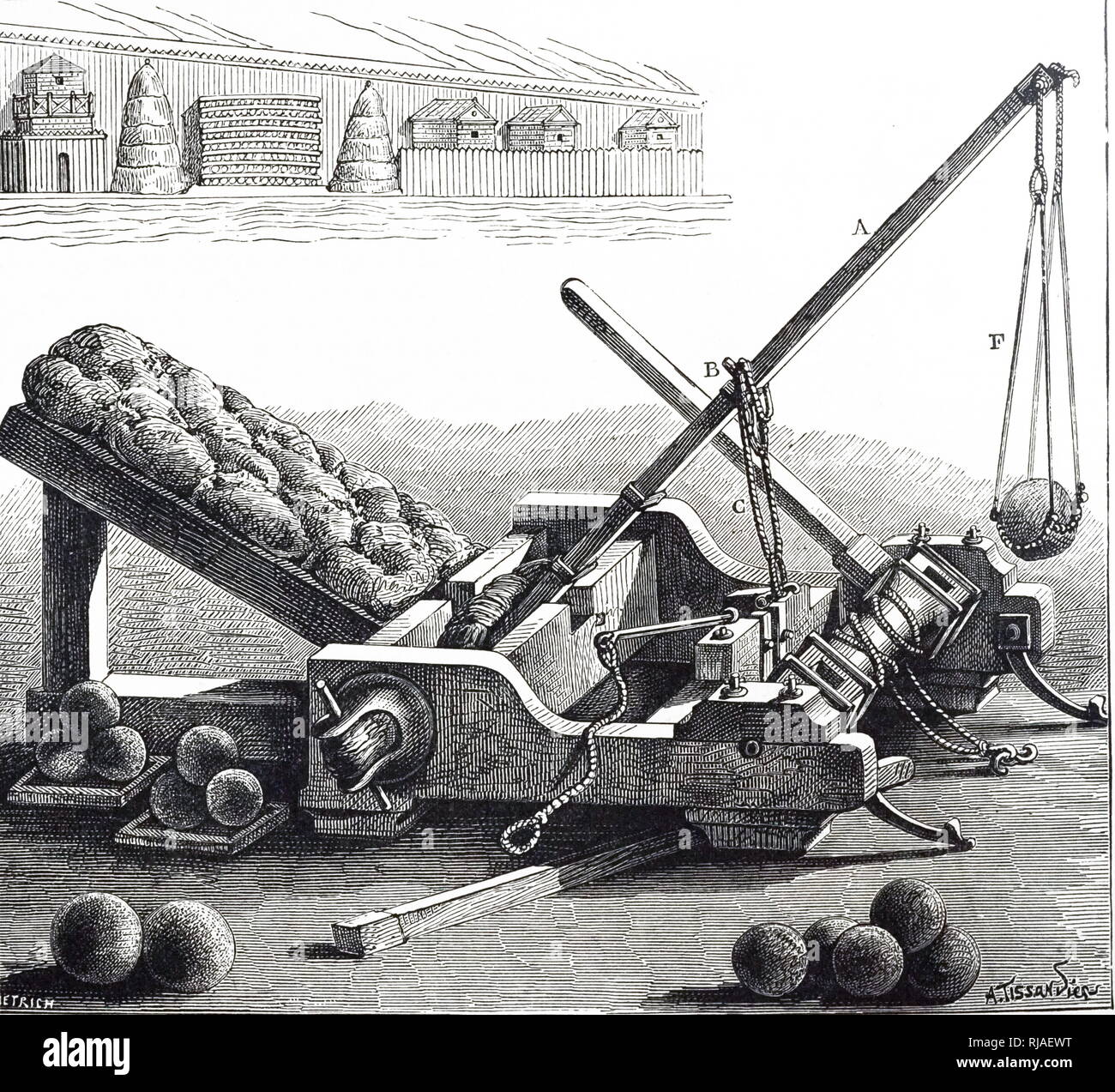 An engraving depicting the reconstruction of Onager, an imperial-era Roman torsion powered siege engine, used to fling stones. Dated 19th century Stock Photo